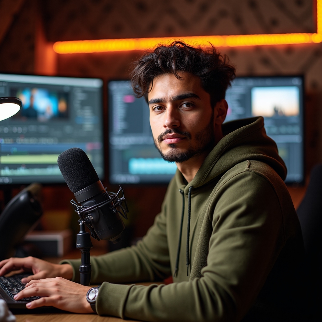 Young Colombian content creator at a professional setup filming educational video content