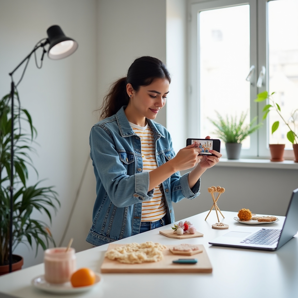 Online marketplace seller photographing products for listing, surrounded by inventory items in organized home studio