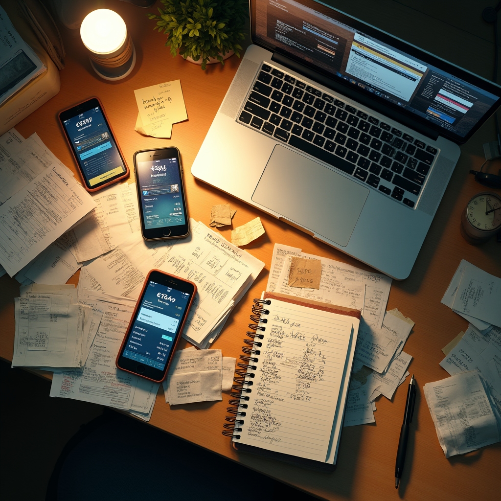 Cluttered desk with scattered papers, multiple payment apps open, showing disorganized financial tracking