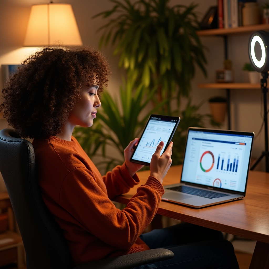 Digital gig economy worker at home office reviewing income analytics on tablet and laptop simultaneously