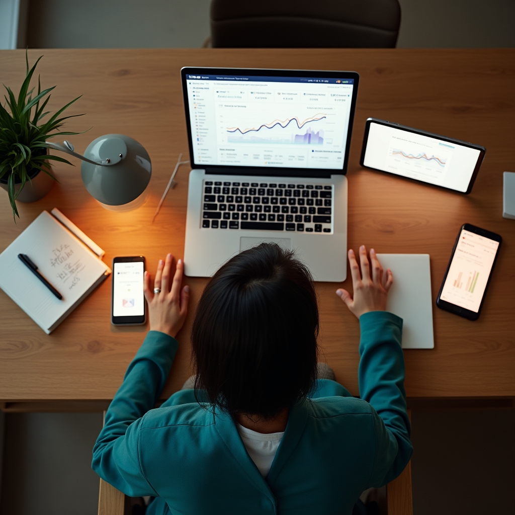 Digital entrepreneur working on laptop with financial charts