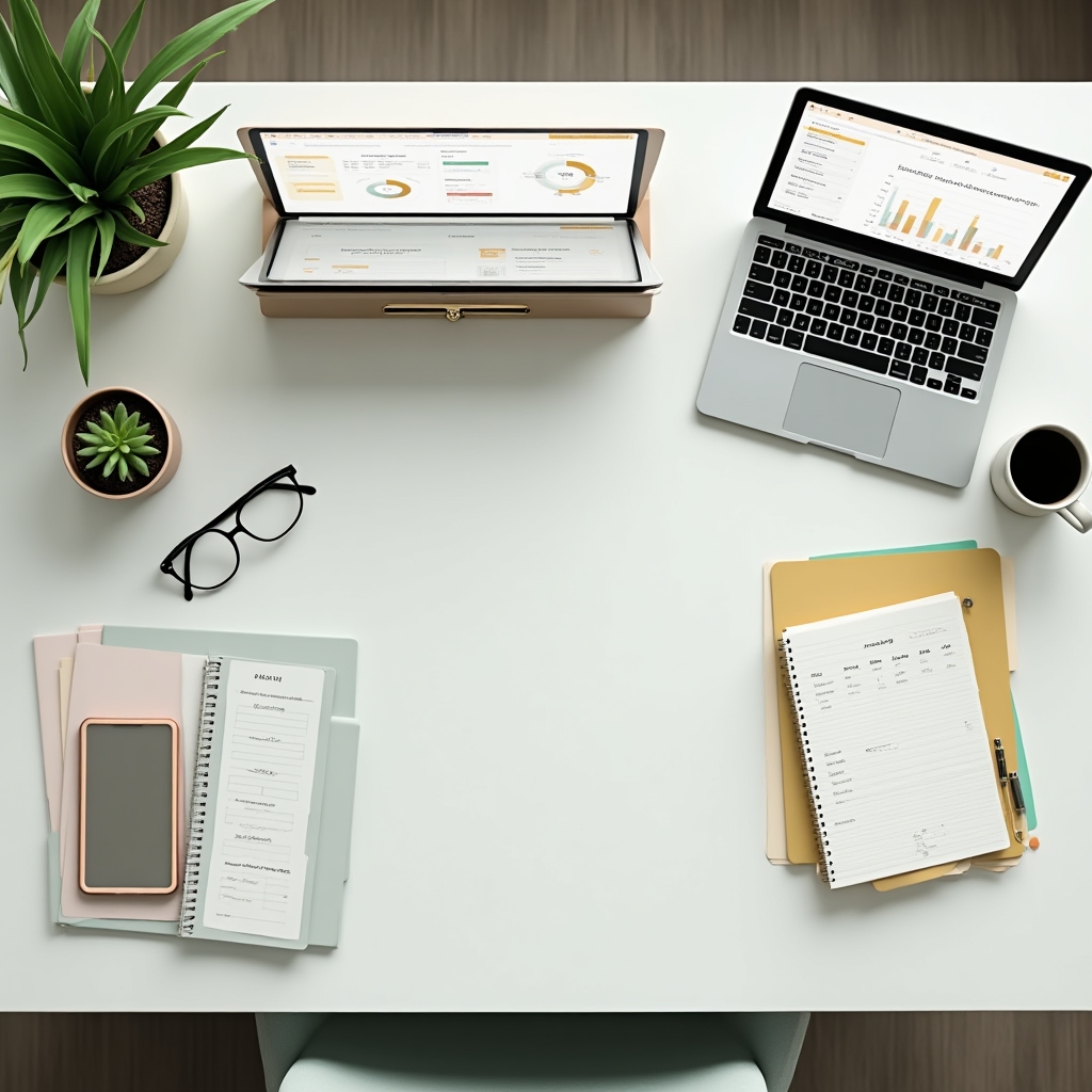 Clean organized workspace with digital financial dashboard showing clear income tracking and organized categories