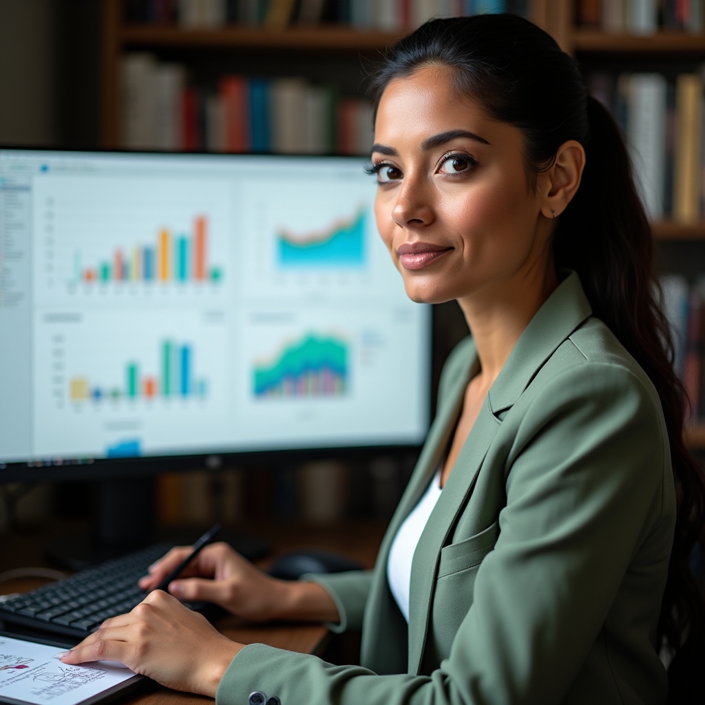 Person studying platform economy concepts on dual monitors showing income analytics dashboards and financial data