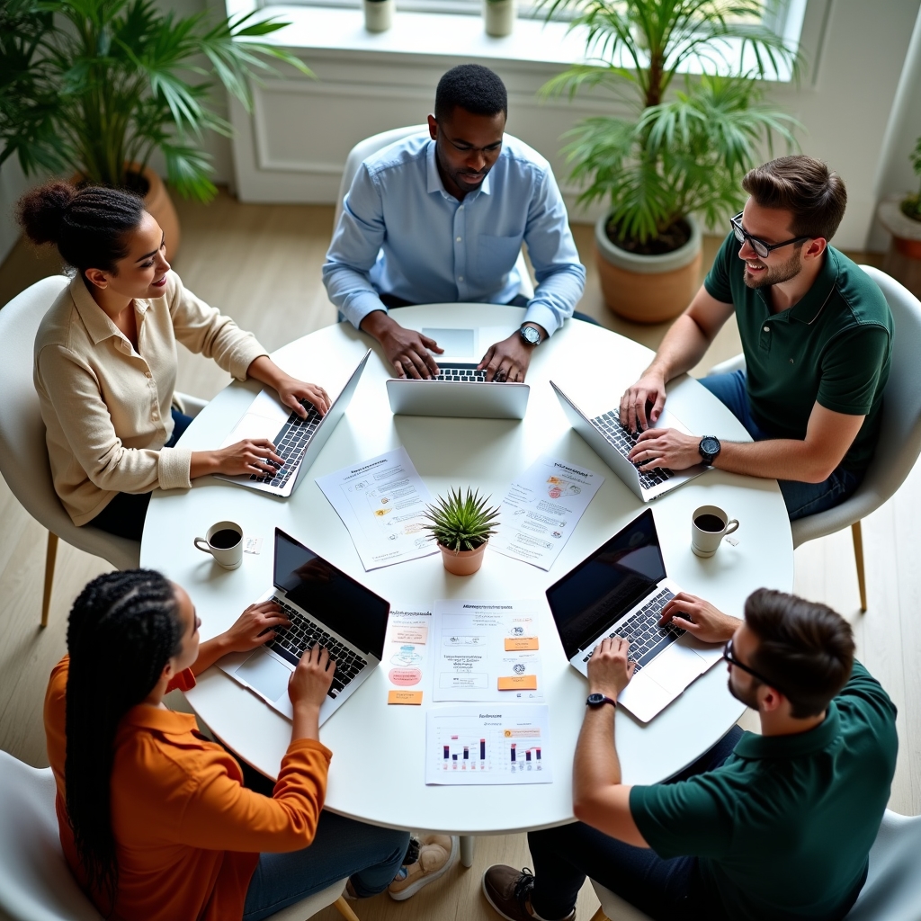 Collaborative team session exploring digital economy financial concepts with laptops and visual materials